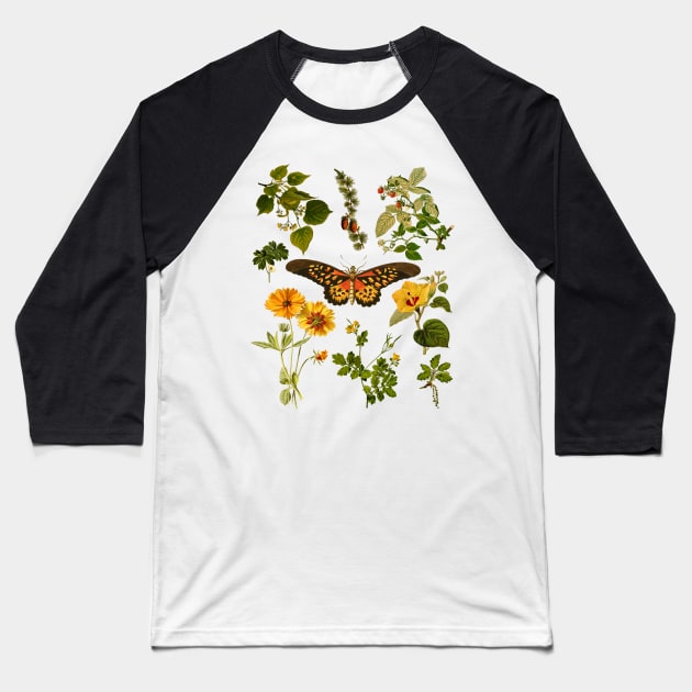 Cottagecore Vintage Plants and Butterfly Baseball T-Shirt by Souls.Print